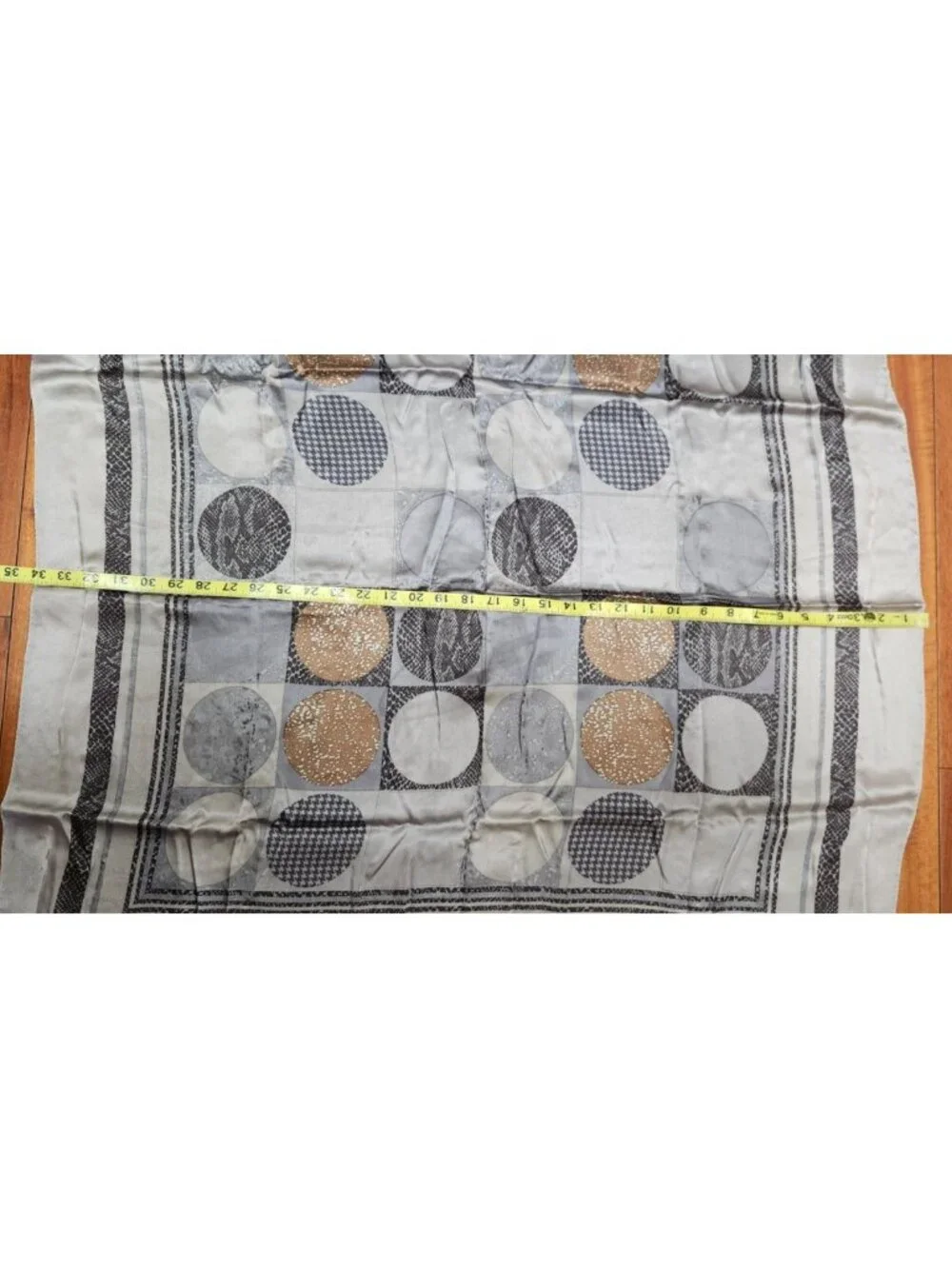 Adrienne Vittadini 100% Silk Scarf 34x34 Gray Tan Geometric Circle Print